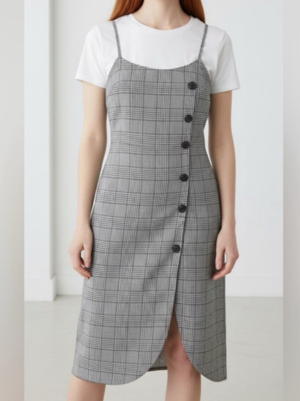 Mango Sz XS Houndstooth Plaid Pinafore Jumper Skirtall Dress Black Grey